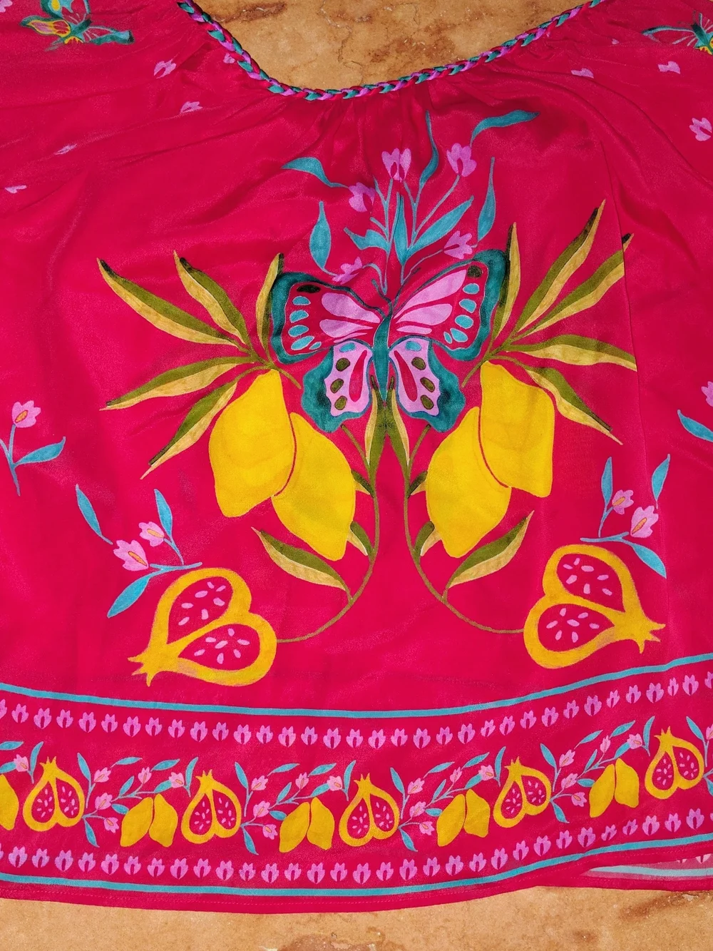 Johnny Was Red Floral Butterfly Peasant Blouse with Yellow Accents